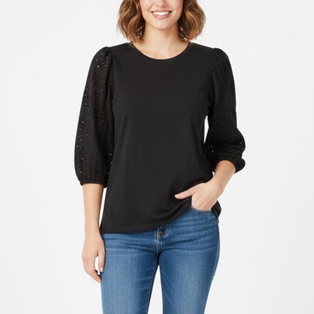 Puff Sleeve Blouse XL Black Eyelet Sleeves